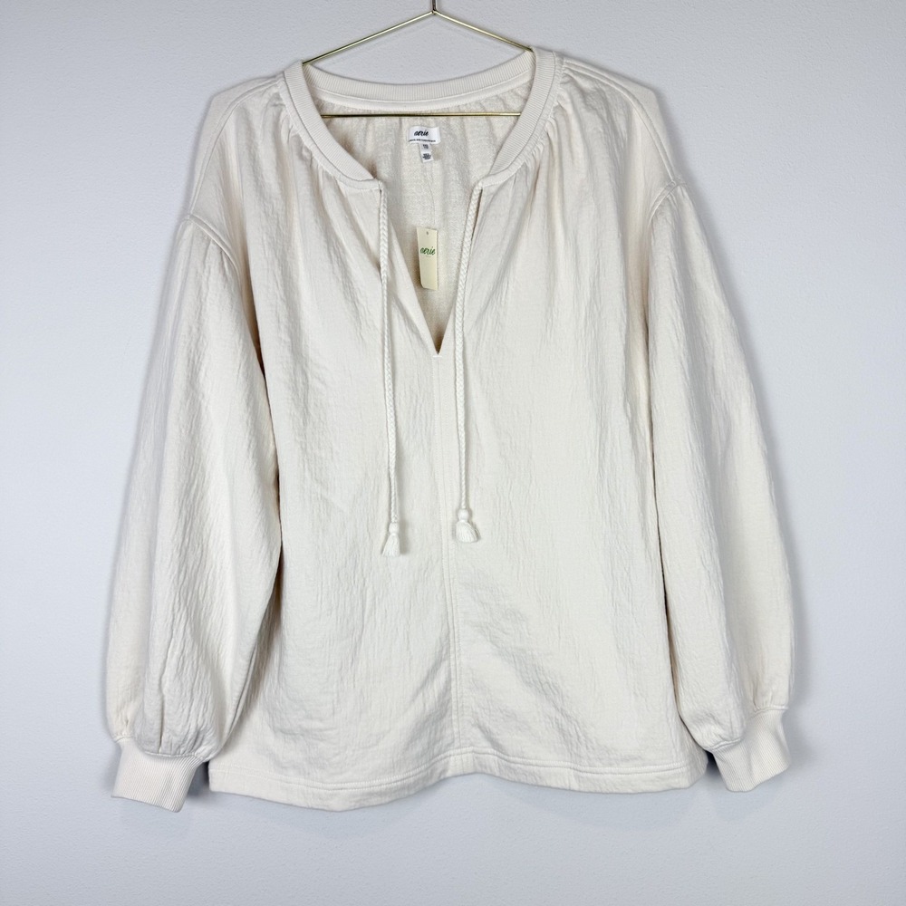 NWT Aerie Easy Street Sweatshirt Sz XXS Cream‎ Textured Top Long Sleeve Pullover